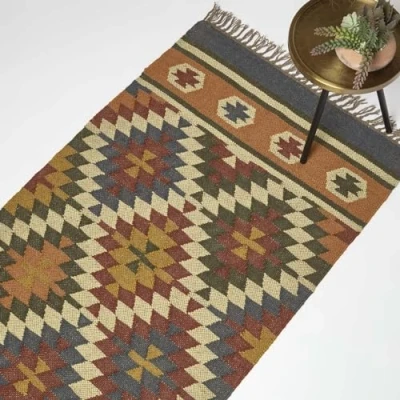 Image of HOMESCAPES Orange &amp; Blue Handwoven Kilim Rug Carpet Runner for Hallway 80 x 180 cm Traditional Geometric ‘&#039;Lucea&#039; Jute Wool with Tassels