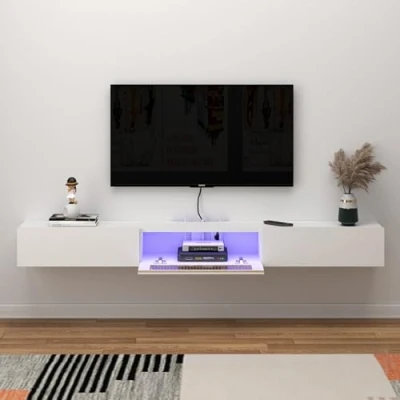 Image of Pmnianhua Floating TV Stand with LED Lights, Wall Mounted Cabinet Glass Door and 2 Drawers, Wooden Entertainment Media Console Center Large Storage Shelf Under (180cm, White)