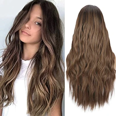 Image of Colorfulpanda Long Brown Wigs for Women Ombre Blonde Wig with Dark Roots Natural Looking Wavy Culry Heat Resistant Hair Middle Parting Everyday Cosplay Party