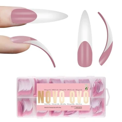 Image of NOVO OVO XXL Curved Stiletto Almond French Tip Nail Tips, Soft Gel Extra Thick Long XL Acrylic Hawk Curve Fake Extension Kit, Need Builder &amp; Top Coat, Full Cover Press on for DIY 12 Sizes 240 pcs