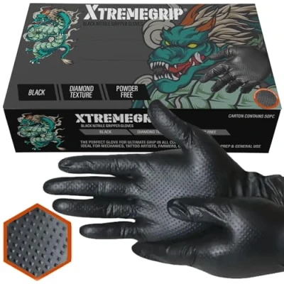 Image of Xtremeauto Nitrile Gloves Disposable Gloves, Diamond Grip Black Powder Free &amp; Latex Extra Thick Strong Rubber Mechanics (1 Box, Large)