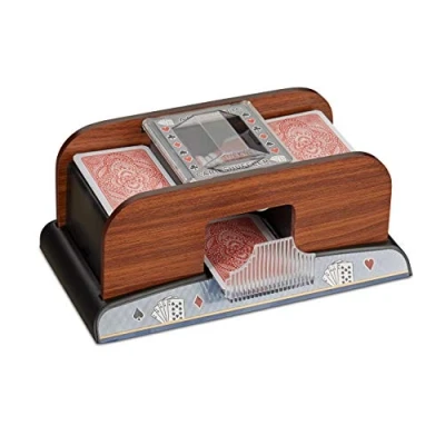 Image of Relaxdays Automatic Card Mixer 2 Sets of Battery Operated Rummy Poker Cards in Wood Optics, Nature, For 8.8 x 6.3cm Size