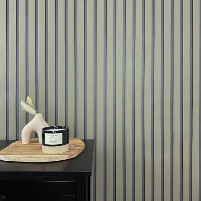 Image of WALLCOVER Wallpaper Green Non Woven Stripes Black Olive Panels Scandinavian Style Wall Modern Slat Made in Germany