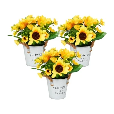 Image of Relaxdays Artificial Sunflowers in Pots, Set of 3, Lifelike Faux Flowers, Decorative Fake Plants, Yellow/White, Iron, Plastic, 20 x 15 cm