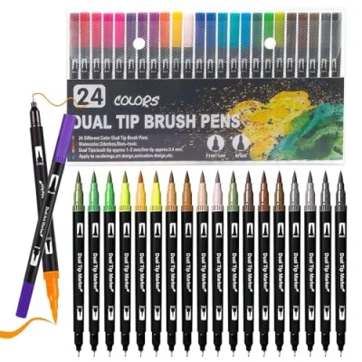 Image of Surcotto Colouring Pens, Dual Tip Brush 24 Colorful Washable Felt Pens For Children And Adults, Art Marker Book Drawing Design Calligraphy Painting
