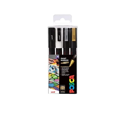 Image of POSCA PC 3M Permanent Marker Paint Pens. Fine Tip for Art &amp; Crafts. Multi Surface Use On Wood Metal Paper Canvas Cardboard Glass Fabric Ceramic Rock Pebble Stone Porcelain. Set of 4 Mono Colours