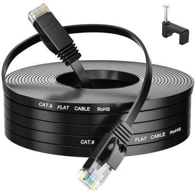 Image of Ethernet Cable 15m Cat 6, Flat Internet 15 Meters Extra Long Slim Network Rj45 High Speed Gigabit 250Mhz Black LAN Patch for Modem Router
