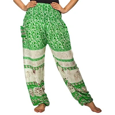 Image of Lofbaz Harem Pants for Women Yoga Boho Hippie Clothing Bohemian Palazzo Beach Maternity Pajama Gypsy Indian Travel Clothes Floral Elephant Light Green XL