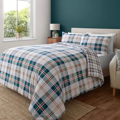 Image of Catherine Lansfield Kelso Check Reversible Double Duvet Cover Set with Pillowcase Green