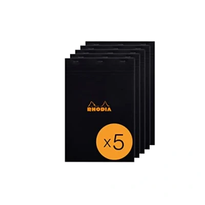 Image of RHODIA 192009C Stapled Notepad N19 Black A4+ Small Squares 80 Detachable Sheets 80G Clairefontaine Paper Coated Card Cover Pack of 5 pads