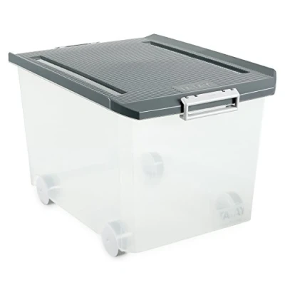 Image of TATAY Multipurpose storage box with lid, 60L capacity, wheels, BPA free polypropylene plastic, transparent grey lid. Sizes40x56,5x36,2 cm