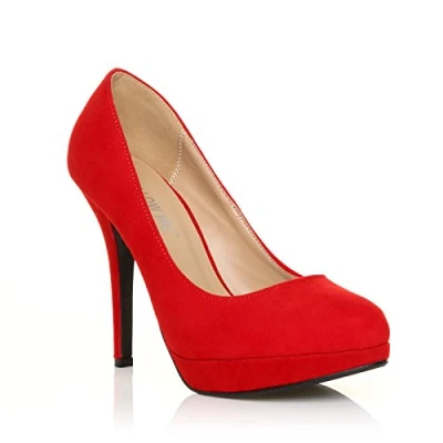 Image of Womens High Heel Platform Party Work Smart Office Courts Shoes Ladies Round Toe Prom Wedding Bridal Occasion Heeled Classic Court Stiletto Heels Pumps Red Suede