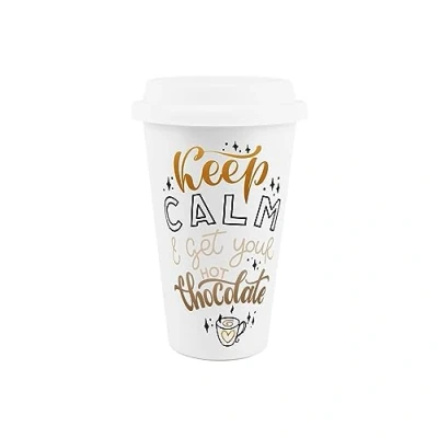 Image of Reusable Ceramic Travel Mug Keep Calm and Get Your Hot Chocolate Silicone Lid Double Walled Insulated Hot/Cold Drinks Tea Coffee Gift