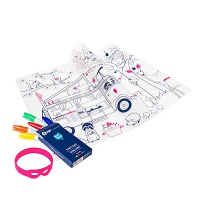 Image of SUPER PETIT Colouring Placemat Dream Van 5 Felt Tip Pens &amp; Bracelet Included Easy to Clean Reusable Antibacterial From 3 Years