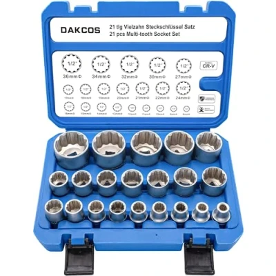 Image of DAKCOS 21pcs Spline Socket Set 1/2’ Multi Tooth 12 Point Spanner Set, Metric 8 36mm External Socket, CR V, Mat Chrome Finis