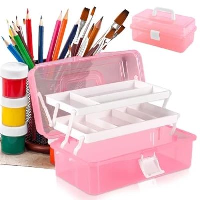 Image of Craft Caddy Box Plastic Cantilever 3 Tray Art and for Pencils Paints Pastels Accessories