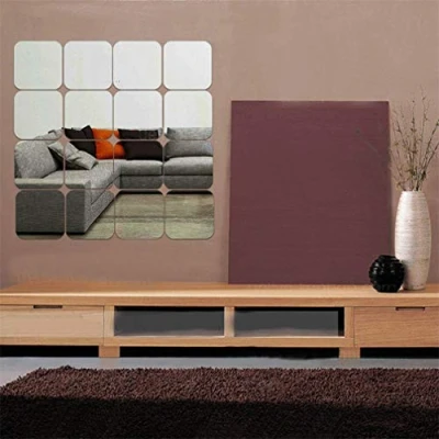 Image of Square Mirror Wall Stickers, 12Pcs Self Adhesive Removable 3D Acrylic Sheet Plastic Tiles, Art DIY Home Decorative for Living Room Sofa TV Background Bedroom Decoration (15 cm)