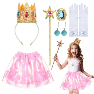 Image of LOOPES Princess Peach Costume Kids,Pink Dress Up with Crown,Blue Earrings,Princess Gloves,Magic Wand,Princess Accessories for Girls Cosplay Halloween Carnival Showtime Birthday Gifts