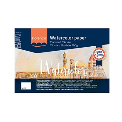 Image of Vaessen Creative Florence Watercolour Paper Pad A6, Off White, 300 GSM, Textured Surface, Artist Grade Quality, Sketchbook with 24 Sheets for Painting, Handlettering and Art Projects 2911 9201