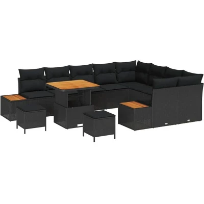Image of vidaXL 12 Piece Garden Sofa Set with Cushions Black Poly Rattan Acacia