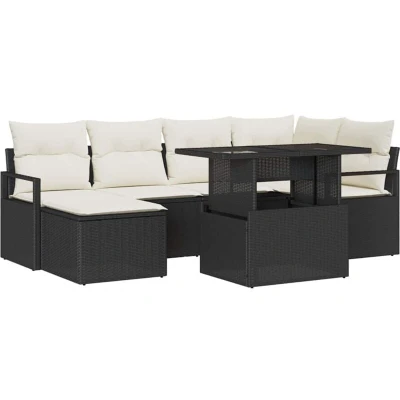 Image of vidaXL 7 Piece Garden Sofa Set with Cushions Black Poly Rattan