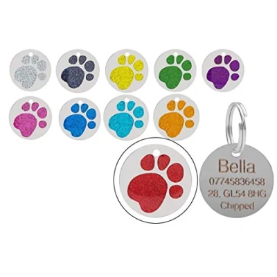 Image of JK Personalised Engraved Round Glitter Paw Print Dog/Cat Pet ID Tag Small/Large (25mm Standard, Red)