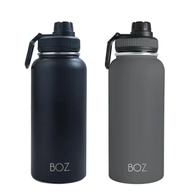 Image of BOZ Stainless Steel Water Bottles 2 Pack Bundle Grey Bottle + Black Insulated 1l Wide Mouth BPA Free Metal for Gym with Spout Lid