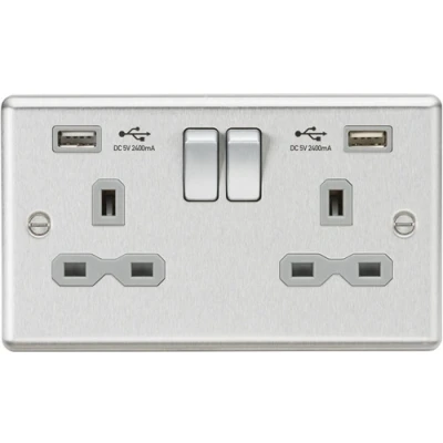 Image of KnightsBridge 13A 2G Curved Edge switched socket with dual USB charger A + (2.4A) Brushed chrome, grey insert