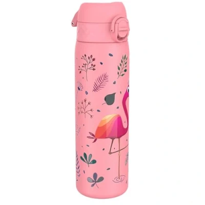 Image of Ion8 Steel Water Bottle, 600 ml/20 oz, Leak Proof, Easy to Open, Secure Lock, Dishwasher Safe, Flip Cover, Fits Cup Holders, Carry Handle, Durable, Metal Raised Print, Flamingo Design