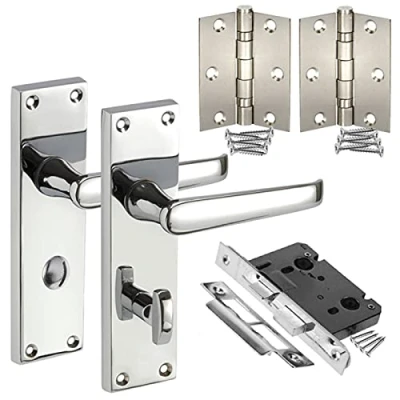 Image of Traditional Victorian Straight Door Handle Packs for Bathroom Doors with Lock, Thumb Turn &amp; Hinges H751024P HB1