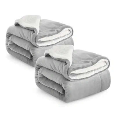 Image of Imperial Rooms Sherpa Fleece Blanket Pack of 2 Bed Throws Blankets For Sofas Soft Fluffy Thick Reversible Microfiber Throw (Silver, Double (150 x 200 Cm))