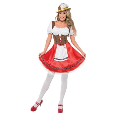 Image of Smiffys Bavarian Wench Costume, White &amp; Red, S UK Size 08 10