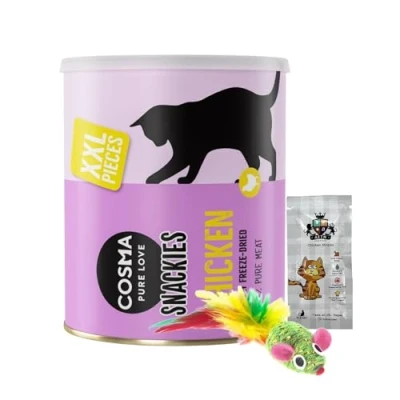 Image of AETN Creations Freeze Dried Cat Treat Bundle Cosma Pure Love Snackies Maxi 200g Treats in Chicken Grain free for Adult Cats with and Toy Mouse