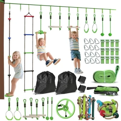 Image of AIYAPLAY Obstacle Course for Kids, 32.8ft 10PCs Zip Line Slackline Kit with 2 Monkey Bars, Gym Rings, 1 Rope Ladder, Nest Swing, Tree Protector, Carry Bag, Hanging Tray, Knots