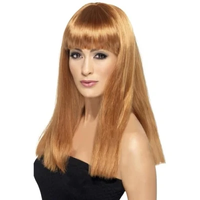 Image of Smiffys Glamourama Wig, Auburn Long, Straight with Fringe, Ladies Glamour Wigs Fancy Dress, Adult Dress Up