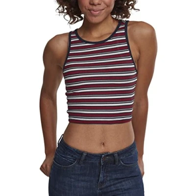 Image of Urban Classics Women&#039;s Ladies Rib Stripe Cropped Top, Multicolour (White/Navy/Fire Red 01244), L UK