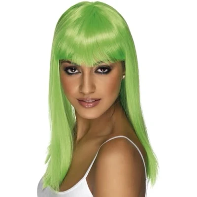 Image of Smiffys Glamourama Wig, Neon Green Long, Straight with Fringe, Ladies Glamour Wigs Fancy Dress, Adult Dress Up