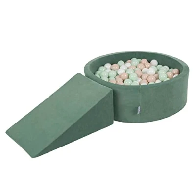 Image of KiddyMoon Foam Playground Velvet For Kids With Round Ballpit (200 Balls ∅ 7Cm/2.75In) Soft Obstacles Course And Ball Pool, Forest Green:Pastel Beige/White/Mint
