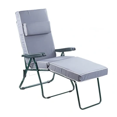 Image of Alfresia Garden Sun Lounger with Luxury Cushion Green Frame Adjustable Reclining Outdoor Chair, Foldable Choice of Colours (Grey)