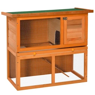 Image of PawHut 2 Tier Rabbit Hutch Wooden Guinea Pig Double Decker Pet Cage Run with Sliding Tray Opening Top