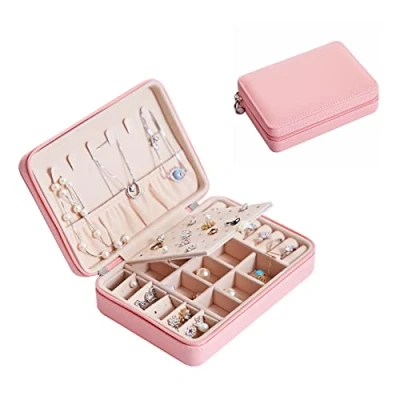 Image of 通用 Jewellery Box Variety PU Leather Small Travel Organiser for Rings, Necklace, Earrings, Headwear (Pink Multifunctional Box)
