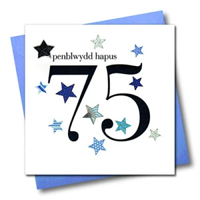Image of Claire Giles Hearts and Stars Welsh Penblwydd Hapus Happy 75th Birthday Card Blue