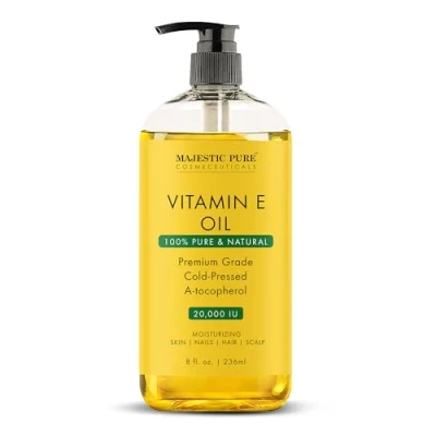 Image of MAJESTIC Pure Vitamin E Oil 100% and Natural Cold Pressed for Skin, Scars, Face, Nails, Hair, Scalp 20,000 IU Non GMO Verified Hair &amp; Body 8 Fl Oz