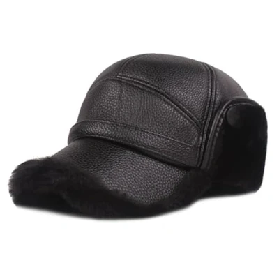 Image of LiuliuBull Keep Warm Winter Hats Leather Baseball Cap Outdoor Soft Plush Visors Hat Ear Protection Skiing Hat(Schwarz)