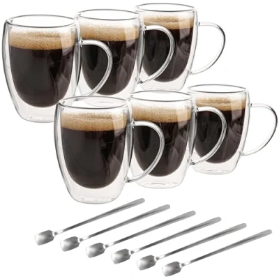Image of BELLE VOUS 6 Pack of Double Walled Glass Coffee Mugs 350ml/12oz Cups with Handles Insulated Heat Resistant Borosilicate Beverage for Tea, Coffee, Cappuccino &amp; Lattes
