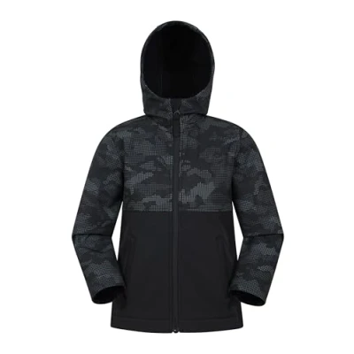Image of Mountain Warehouse Exodus Kids Softshell Jacket Breathable, Wind &amp; Water Resistant, Fleece Lined Coat For Boys Girls Autumn, Winter, Hiking Outdoors Black Size 11 12 Years