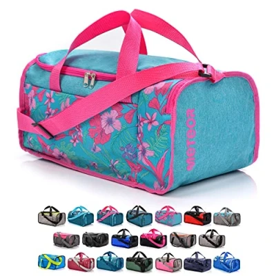 Image of Sports Bag Gym Holdall Men Women Duffel Shoulder Fitness Swimming Pool Travel Holiday Strap Cabin Luggage Weekender Overnight Camping Small 20L Large 40L (Blue/Pink Flowers, 40 L)