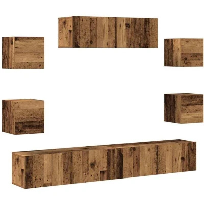 Image of vidaXL 7 Piece TV Cabinet Set Old Wood Wall Mounted Media Storage Unit with Ample Space and Sturdy Tabletop