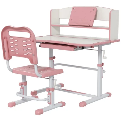 Image of ZONEKIZ Kids Desk and Chair Set, Height Adjustable Children School Study Table with Drawer, Bookshelf, Angle Tabletop, Non slip Mat, for Ages 6 12 Years Pink