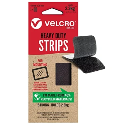 Image of VELCRO Brand Eco Heavy Duty Strips Extra Strong Self Adhesive Sticky Perfect for Room Décor &amp; Home, Office, Garage Use Black 44mm x 76mm Set of 2